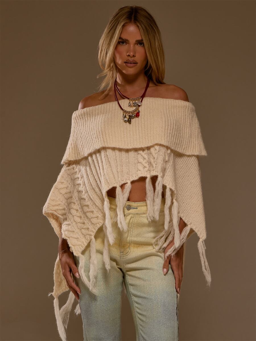 MUSERA Cream Cable Knit Fringed Poncho Autumn Fall Winter Coolgirl Women Outfit - White - View 1