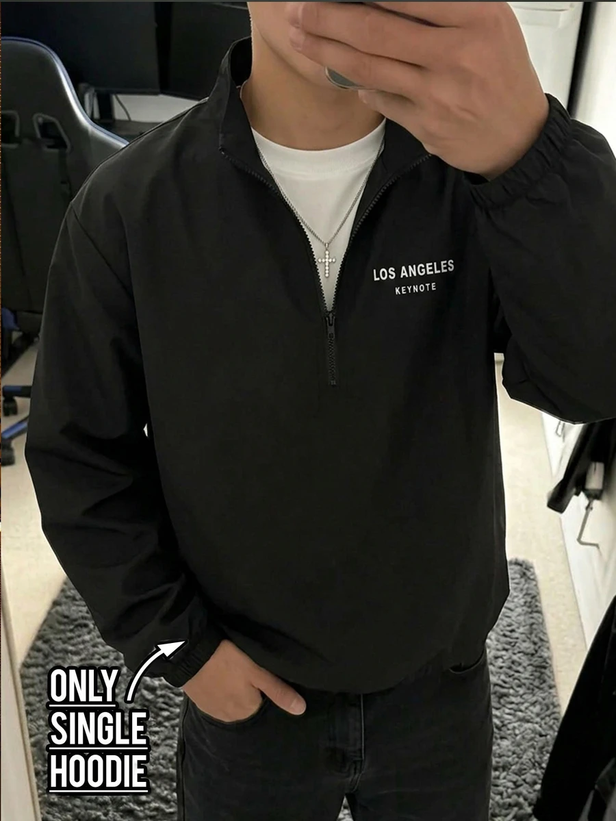 SHEIN 青少年男孩酷炫休閒極簡黑色立領拉鍊夾克，字母印花設計，適合秋冬返校穿著