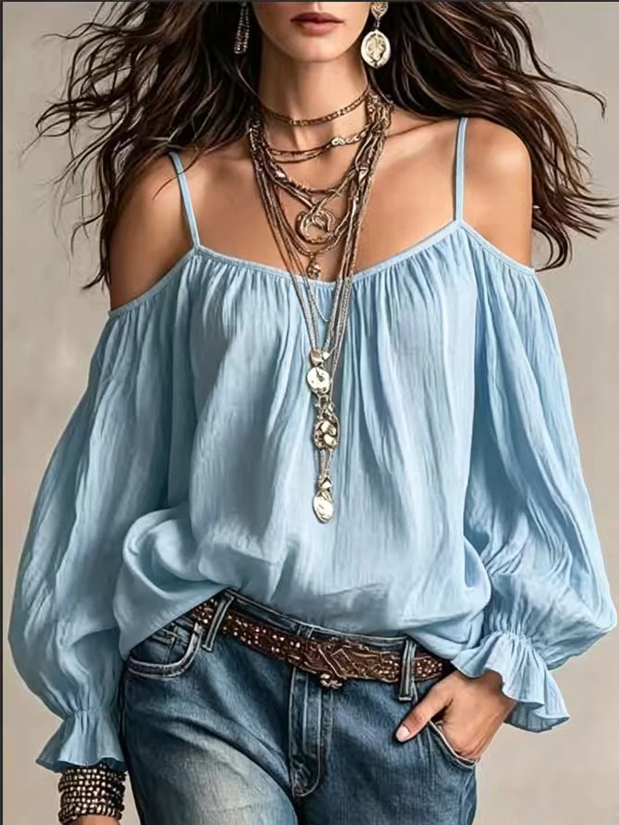 Hotletica 女款白色露肩細肩帶背心上衣 - 藍色 - 查看 1