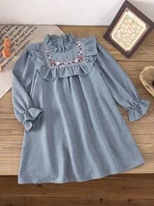Emery Rose Kids Emery Rose Kids 女童編織純色花卉圖案荷葉邊休閒洋裝 - 霧霾藍 - 查看 8
