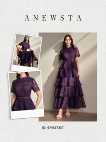 Anewsta 春夏新款情人節限量版 優雅溫柔 重工刺繡圓領短袖 圓形蕾絲拼接 收腰蛋糕荷葉邊泡泡長洋裝 女款 - Bold Plum - 查看 8