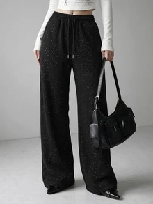 FRIFUL Women's Rhinestone Letter Pattern Drawstring Waist Casual Sweatpants - Black - View 5