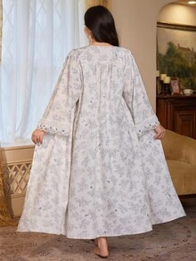 PalaceNights Vintage Floral Print Embroidered Patchwork Plus Size Robe + Camisole Nightgown 2 Pieces Set, Comfortable Loungewear - Multicolor - View 2