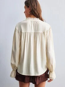 Willow Rêve Women's Contrast Lace V-Neck Long Sleeve Casual Blouse - Cream - View 2