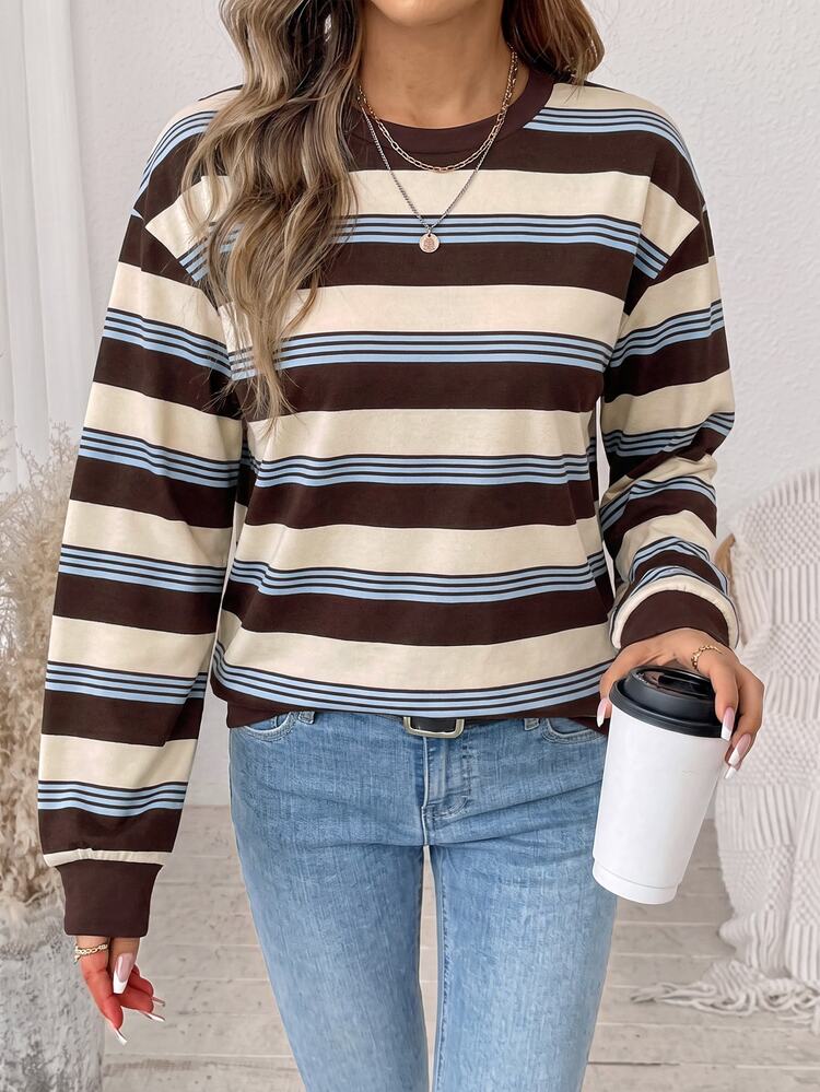 SHEIN LUNE Atasan Wanita, Gaya Musim Gugur/Dingin Terbaru, Sweatshirt Wanita dengan Motif Garis-Garis Berwarna-warni - Cocok untuk - Putih - View 2