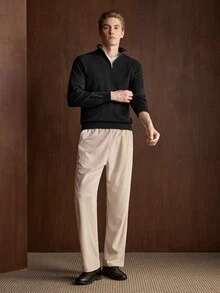 Manfinity Mode 男士翻領半拉鍊極簡休閒毛衣 - 黑色 - 查看 6