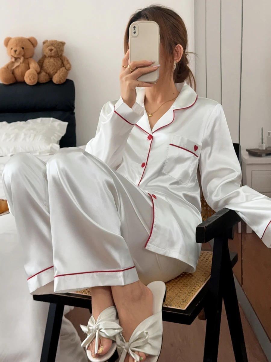 Napfluff Contrast Trim Faux Silk Long Sleeve Pants Pajama Set For Women - White - View 1