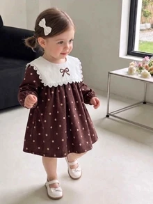 Souflis Souflis 幼女燈芯絨波點洋裝，蕾絲飾邊水手領蝴蝶結燈籠長袖A字秋季洋裝 - 棕色 - 查看 4
