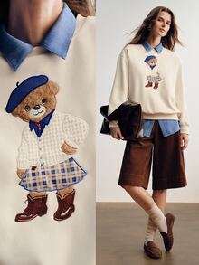 Briarwyn Women's Winter Solid Color Bear 3D Embroidery Crew Neck Thermal Lined Pullover Sweatshirt - White - View 6