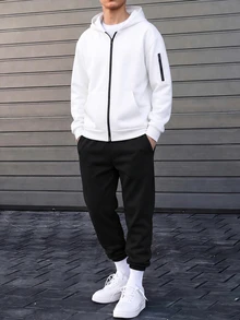 SHEIN 2件組兒童青少年男孩白色連帽衛衣與黑色長褲休閒運動寬鬆兩件套，適合戶外運動、學校、通勤，適用於秋冬季 - 黑與白 - 查看 5