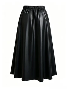 GlowEve CURVE Plus Size Women's Minimalist Daily Commute PU Leather Fabric With Pearl Decor Buckle A-Line Skirt - Black - View 2