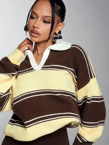 Denimoi Sweater Rajut Kerah Polo Bergaris Blok Warna untuk Wanita, Pullover Wol Lembut Kasual Longgar - MultiWarna - View 1