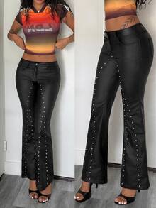 Jeanoix Celana Flare Wanita Gaya Y2K, Model Pinggang Rendah, Motif Patchwork, Dekorasi Rivet, Lapisan PU Imitasi - Hitam - View 8