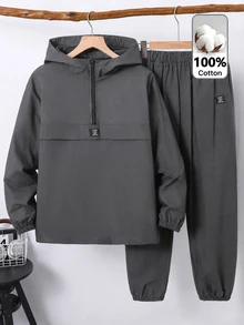 SHEIN 青少年男孩 2件組 休閒灰色半拉鍊連帽衛衣（附織標）搭配純色長褲 - 灰色 - 查看 2