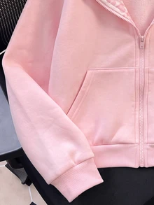 SHEIN Sparklyn Tween女孩 8-13歲 粉色豹紋內裡抓絨拉鍊連帽外套，加厚保暖口袋運動外套 - 粉色 - 查看 8