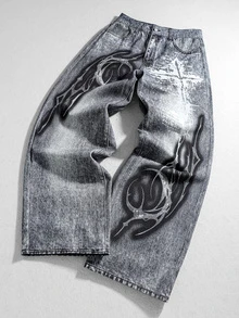 ROMWE MEN Street Life Celana Jeans Denim Pria Premium Abu-abu Serbaguna dengan Motif Grafiti Vintage - Grey - View 1