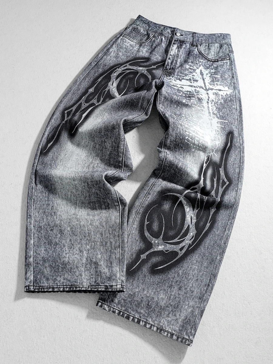 ROMWE MEN Street Life Celana Jeans Denim Pria Premium Abu-abu Serbaguna dengan Motif Grafiti Vintage - Grey - View 1