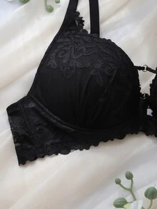 DelicateAllure Áo ngực size lớn màu đen có gọng, cúp đúc, nâng đỡ cao, khe ngực thấp, phối ren, phong cách Pháp lãng mạn - màu đen - Xem 5