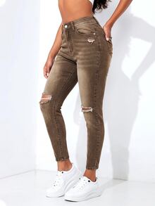 SHEIN PETITE 女款性感鈕扣破洞口袋牛仔褲 - 棕色 - 查看 3