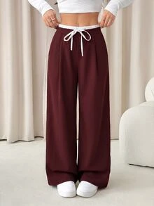 SHEIN PETITE 女款拼色休閒日常穿著長褲，女士春秋休閒抽繩口袋長褲 - 酒紅色 - 查看 4
