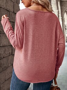 SHEIN LUNE Women's Solid Color Casual V-Neck Button Long Sleeve Plus Size T-Shirts Fall - Pink - View 2