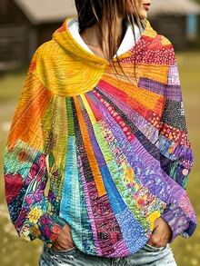Breezaya Plus Size Women's Vintage Blue 3D Floral Embroidery Graphic Sweatshirt, Boho Lace Patchwork Long Sleeve Washed Blue Hooded Sweatshirt, Fall - Multicolor - View 1