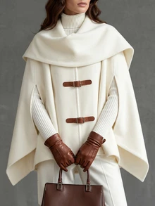 LUMIGAL Women's Cream Wool Blend Cape OverCoat , Leather Buckle Detail, Oversized Cloak Sleeve, Warm Fall Winter Outfit, Chic Office & Daily Wear - Apricot - View 8