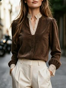 Balvessa قميص نسائي كاجوال يومي بأكمام طويلة بتصميم كتل لونية - بني - مشاهدة 4