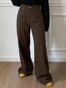 DAZY Teen Girls Straight Leg Casual Long Pants Autumn/Winter Brown Daily Minimalist Jeans - Brown - View 2