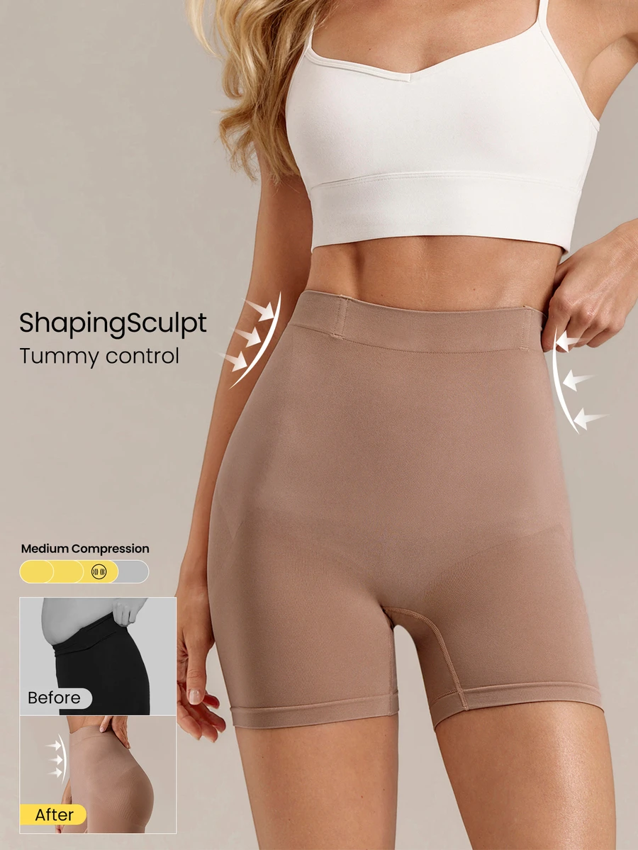 GLOWMODE ShapingSculpt High-Rise Seamless Boyshorts With Anti-Roll Down Design & Tummy Control Thigh Compression Daily Active Casual Wear - Apricot - View 1