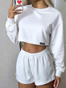 CovetEZ Casual Minimalist Graphic Print Crew Neck Long Sleeve Loose Short Sweatshirt For Women, Suitable For Autumn/Winter Home Leisure - White - View 1