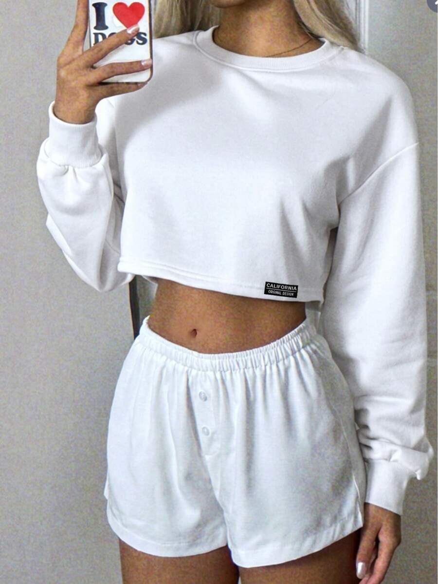 CovetEZ Casual Minimalist Graphic Print Crew Neck Long Sleeve Loose Short Sweatshirt For Women, Suitable For Autumn/Winter Home Leisure - White - View 1
