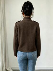 SHEIN Women's Small Stand Collar Multi-Row Metal Button Decor Fashion Versatile Short Long Sleeve Jacket - Brown - View 4
