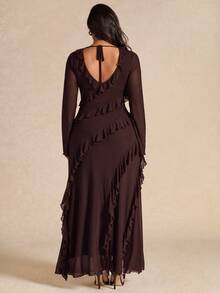SHEIN BAE Plus Size Women's Split Hem Ruffle Long Sleeve Dress - Chocolate Brown - View 2