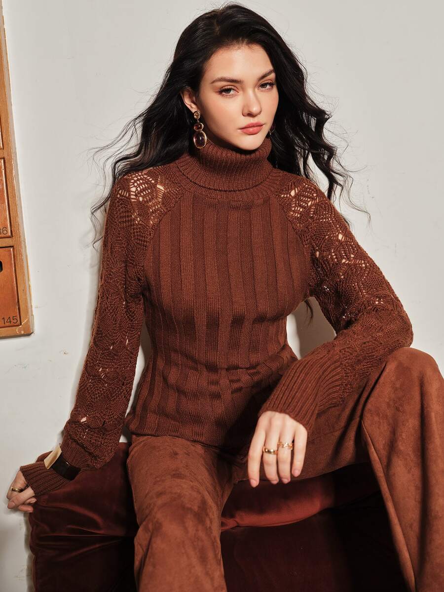 Anewsta Women's Knitted High Neck Turn Collar Petal Sleeve Pullover Sweater - Khaki - View 1