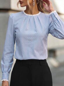 Velvienne Women's Elegant Striped Collared Lace Patchwork Long Sleeve Blouse, Suitable For Daily Commute, Dating, Home Wear - Blue - View 8
