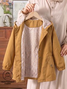 Girls' Casual Fashion Woven Solid Color Long Sleeve Hooded Open Front Single-Breasted Jacket With Decorative Pockets And All-Over Ditsy Floral Lining, Korean Style Versatile - Brown - View 1
