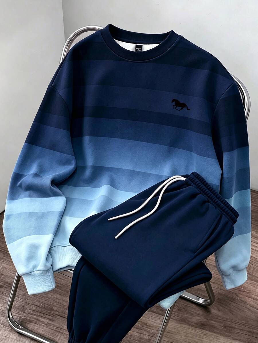 Daypath Men's Casual Striped Print Loose Fit Slightly Dropped Shoulder Pullover Sweatshirt Set, Men's Sportswear Set - الأزرق - مشاهدة 1