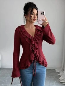 Elenzga Christmas Party Ruffle TieFront Fuzzy Knit Long Sleeve Slim Goingout Top - Burgundy - View 3