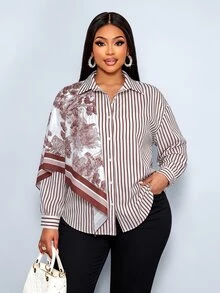 SOLERSUN Plus Size Fall Luxury Commuter Brunch Office Mid-Length Long Sleeve Shirt Turn-Down Collar Button-Up Striped Scarf Print Teacher's Day All White - Coffee Brown - View 4