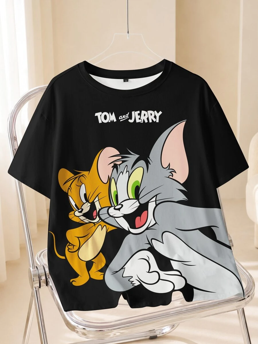 TOM & JERRY X SHEIN Plus Size Cartoon Print Short Sleeve Crew Neck T-Shirt - White - View 1
