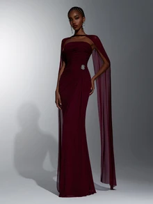 Elitara Elegant Burgundy Knit Mesh Strapless Ruched Waist Bodycon Long Dress With Detachable Strapless Drape, Suitable For Date, Single Party, Wedding, Event, Evening Banquet, Bridesmaid Dress - Burgundy - View 2