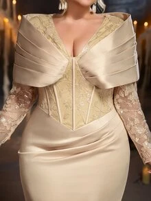 Glamrae Plus Size Elegant Glamorous Fashion Champagne Sequin Embroidered Color Block Satin Fabric Long Sleeve Exaggerated Shoulder Design Flattering Ruched Mermaid Long Dress Suitable For Wedding Events, Bachelorette Parties, Proms - Champagne - View 5