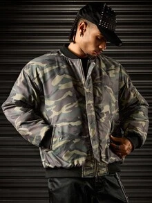 ROMWE MEN Street Life Jaket Musim Dingin Pria Model Baseball Kerah Kamuflase dengan Resleting - Hijau - View 6