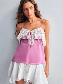 Willow Rêve Atasan Camisole Wanita Berwarna Pink dengan Motif Renda dan Patchwork - Berwarna merah muda - View 5
