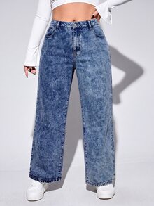 SHEIN ICON 大尺碼街頭時尚鈕扣口袋寬鬆牛仔褲 - 深色水洗藍 - 查看 1