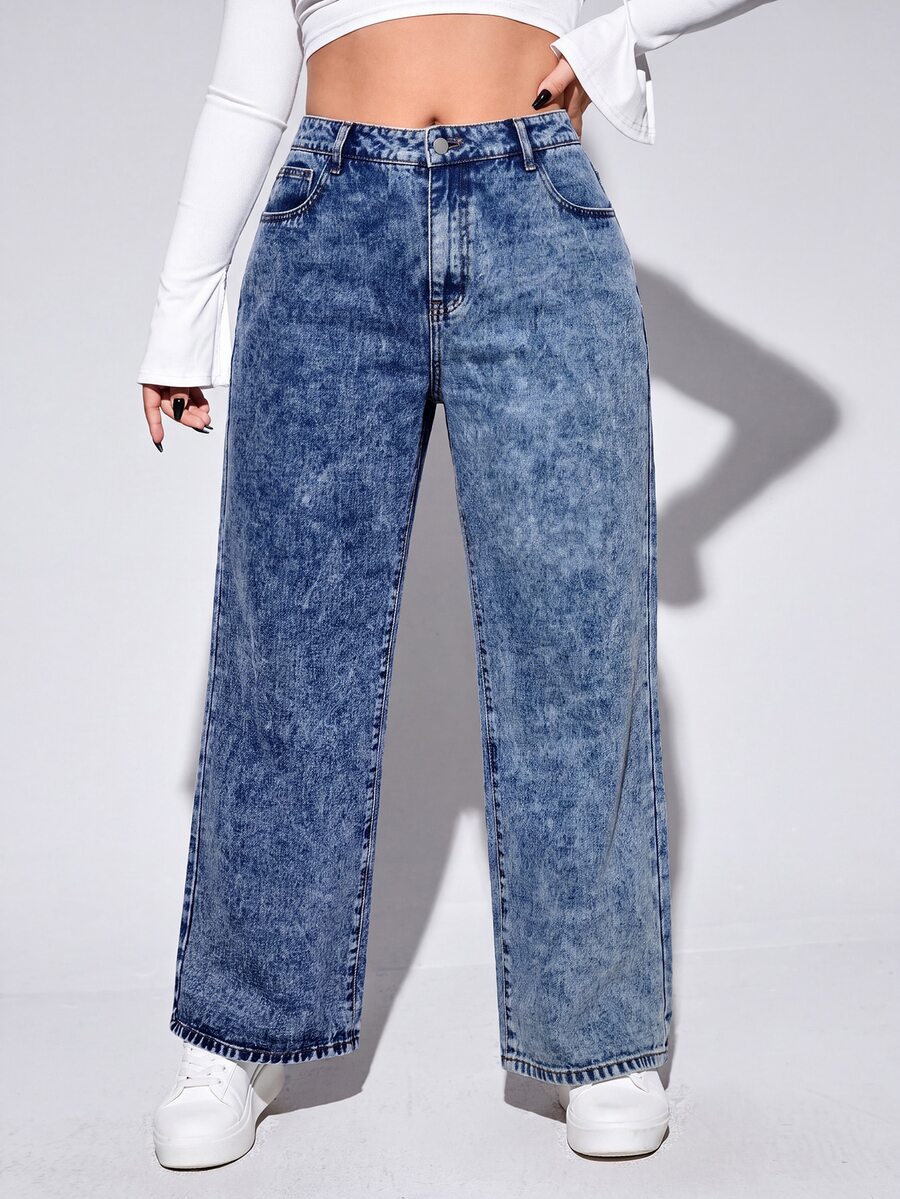 SHEIN ICON 大尺碼街頭時尚鈕扣口袋寬鬆牛仔褲 - 深色水洗藍 - 查看 1