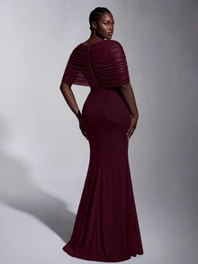 Elitara Plus Size Elegant Luxurious Off-Shoulder Elastic Knit Mesh Ruched Mermaid Skirt, Suitable For Wedding, Event, Bachelorette Party, Vacation, Ball, Evening Dress - Burgundy - View 2
