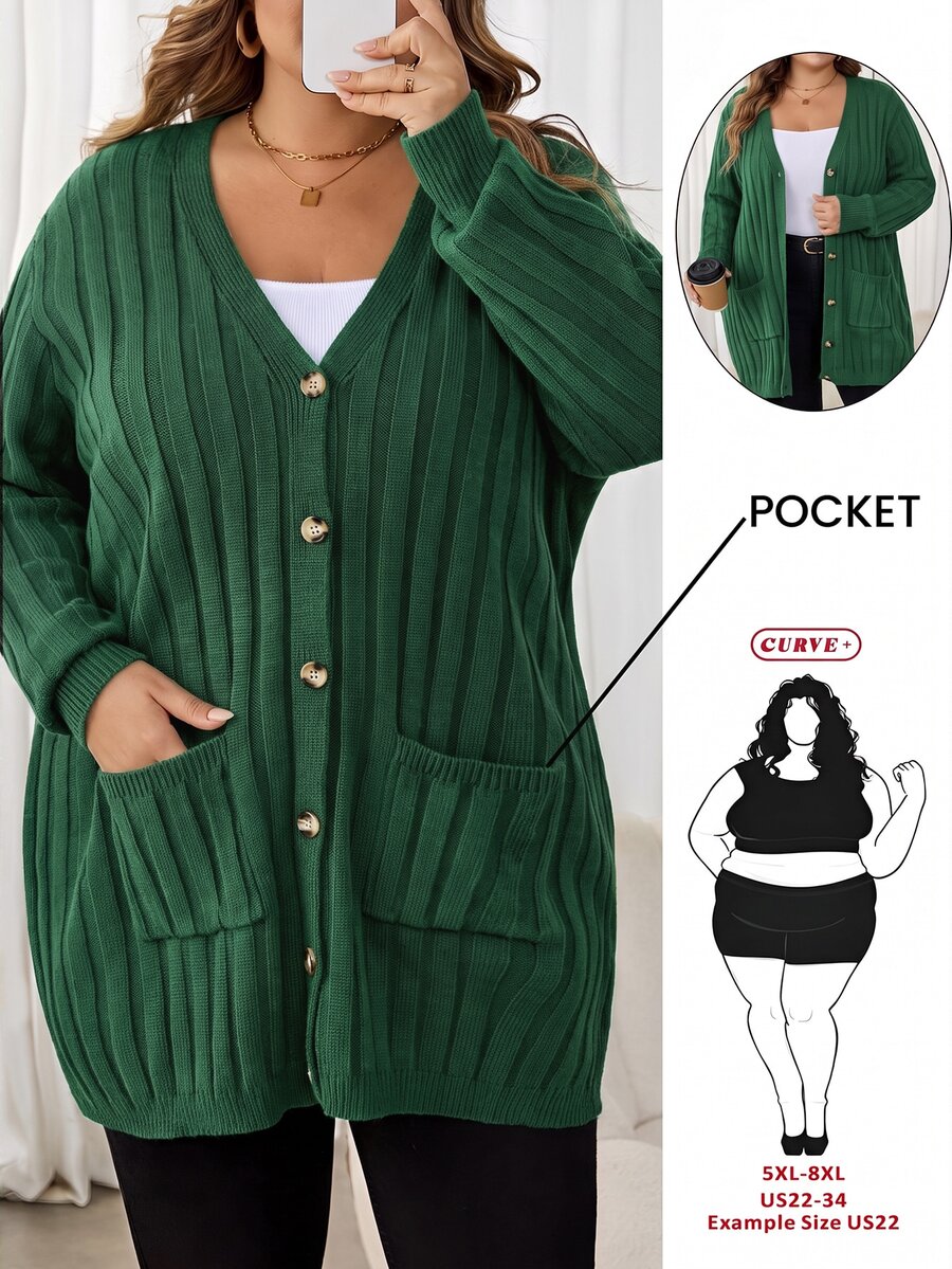 SHEIN CURVE+ 大尺碼女款落肩長袖單排扣商務休閒度假鄉村風冬季針織開襟衫 - 綠色 - 查看 1