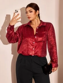 Cravure Autumn Pearlescent Texture Fashion Elegant Commute Party Date Loose Lightweight Textured Draped High-End Women's Blouse - Burgundy - View 5